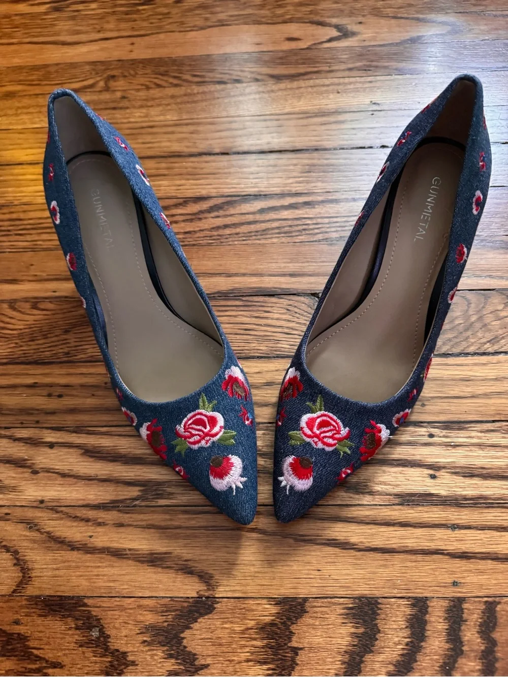 Embroidered Denim Pointed-Toe Pumps in Blue with Red Floral Detail